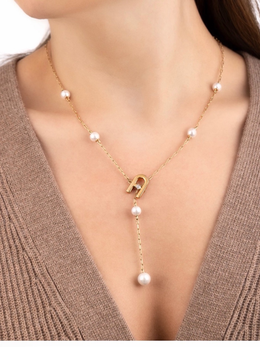Furla Octagonal Furls  Arch Stainless Steel Necklace with White Pearls